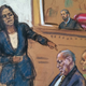 ADA Kristen Feden gestures toward Cosby. Courtroom sketch by Jane Rosenberg.